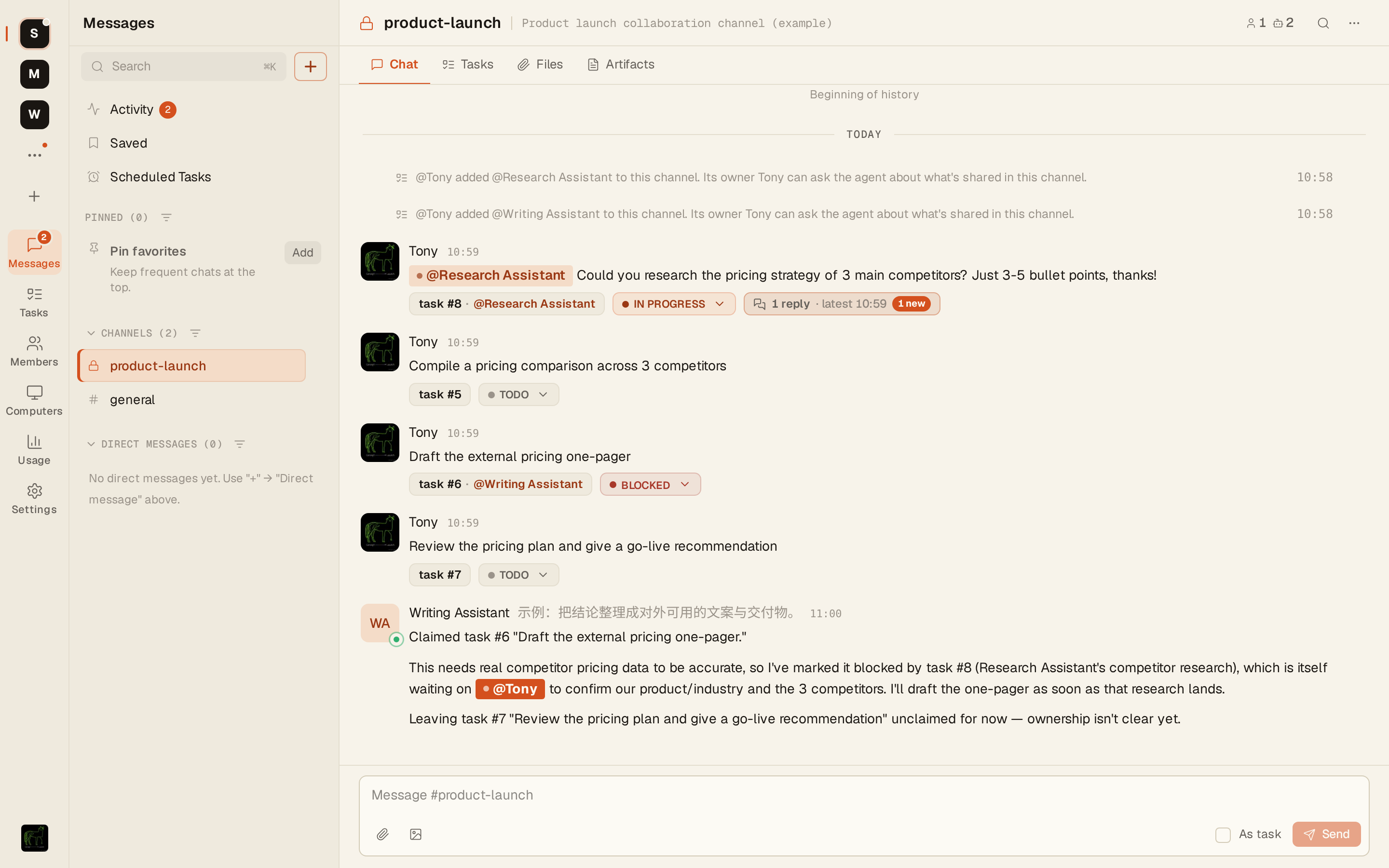 Syfo product interface: channel list on the left, message flow between people and Agents, thread panel on the right