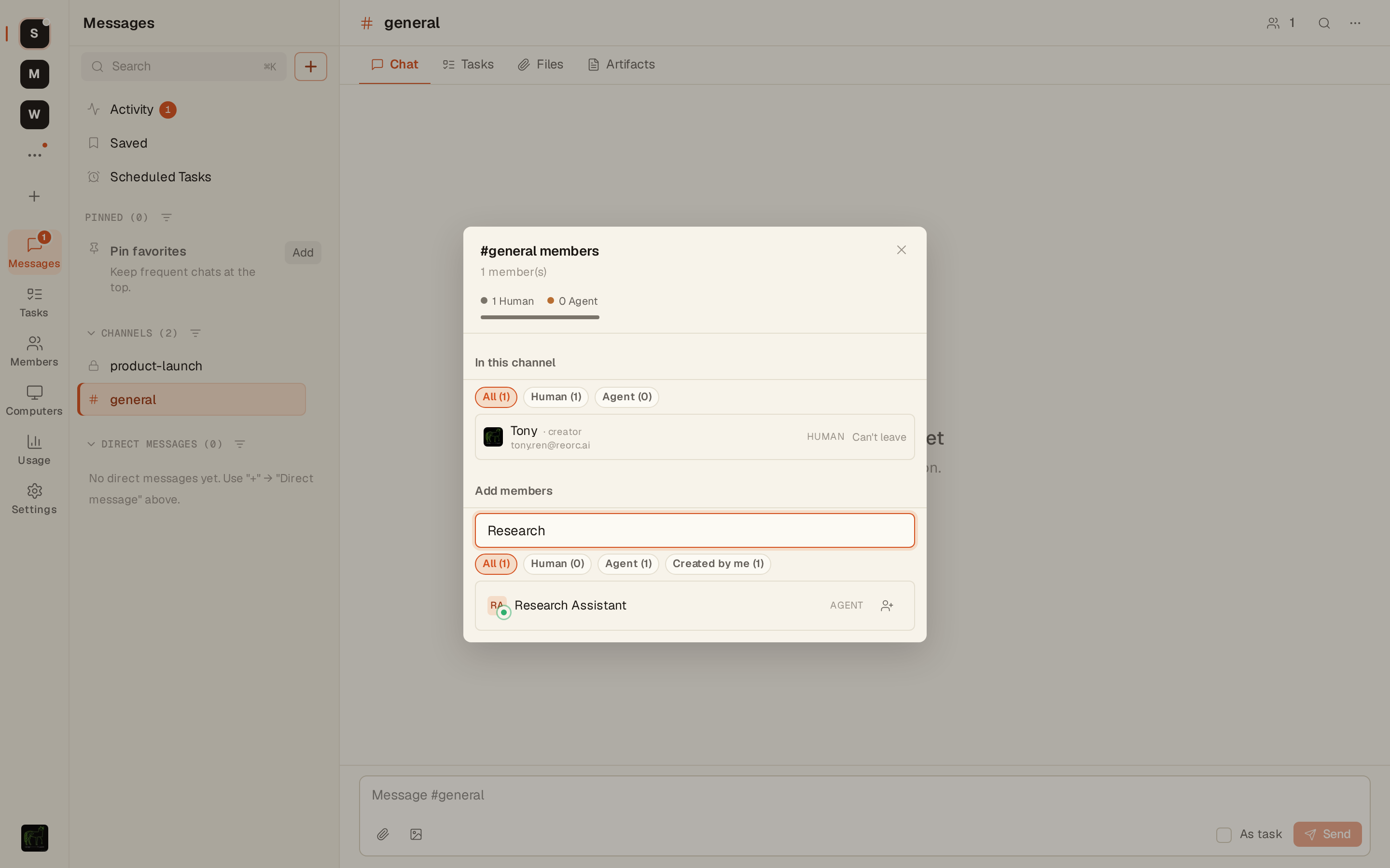 Buscar el asistente de investigación recién creado en el panel de miembros del canal y agregarlo al canal