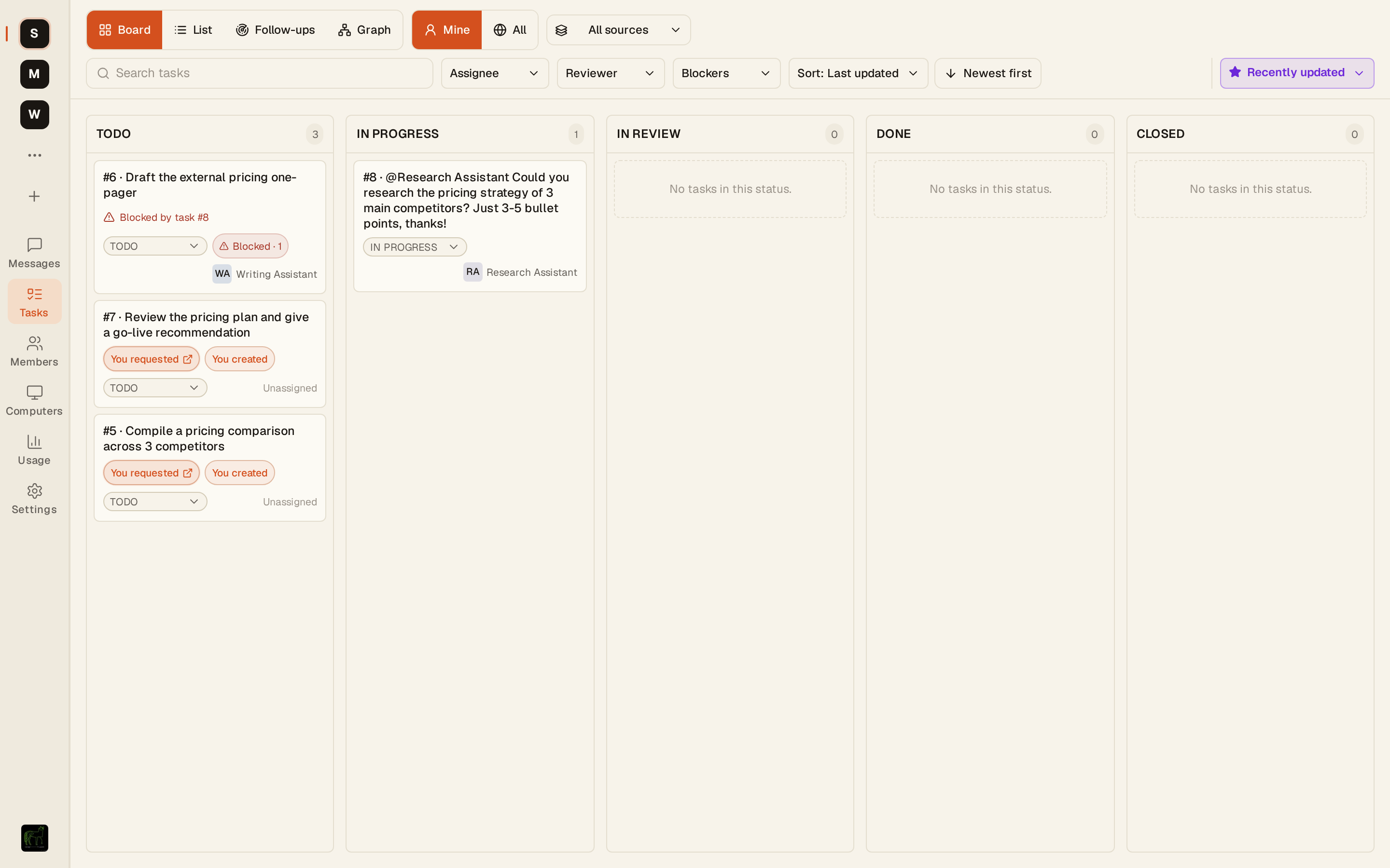 Task Board del canal, puede ver la barra de estado todo / in_progress / in_review / done